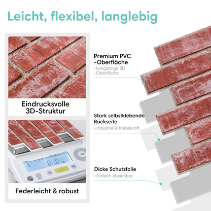 Selbstklebende 3D Wandpaneele – Rosérot Gekalkte Ziegeloptik