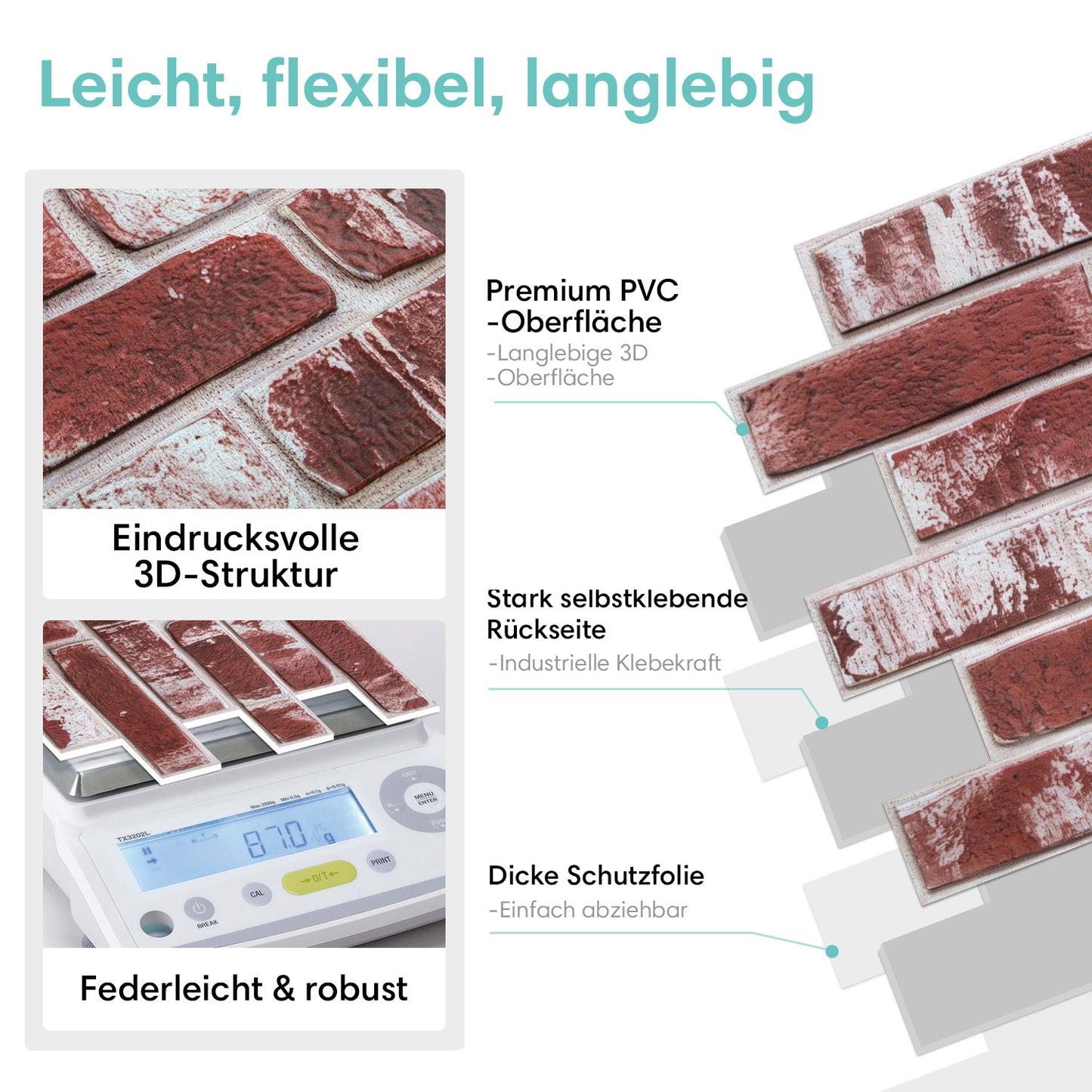 Selbstklebende 3D Wandpaneele – Rot Gekalkte Ziegeloptik