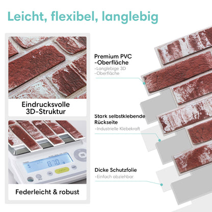Selbstklebende 3D Wandpaneele – Rot Gekalkte Ziegeloptik
