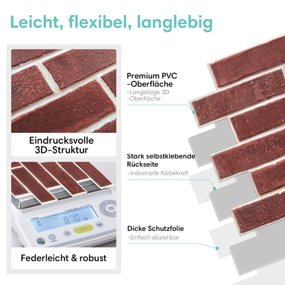 Selbstklebende 3D Wandpaneele – Rote Ziegeloptik