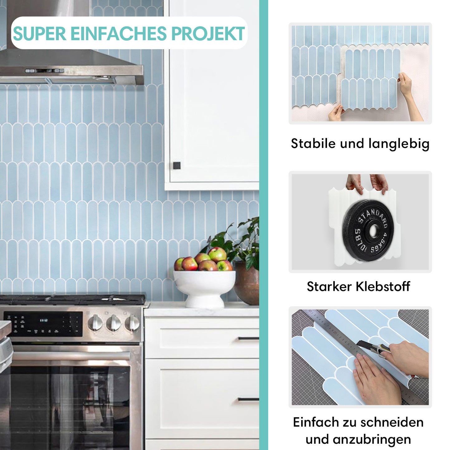 Selbstklebende Wandfliesen in Aqua-Blau – Fischschuppenmuster und Extra Dick