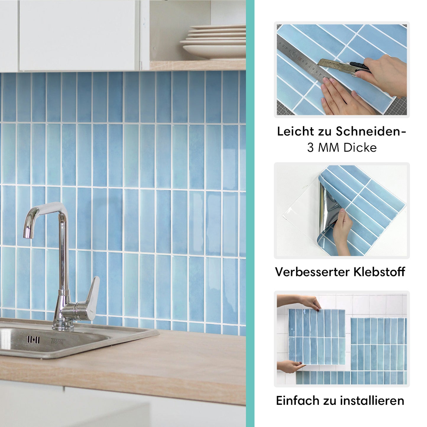 Selbstklebende Wandfliesen in Aqua Blau – Lineares Design für Küchenrückwände