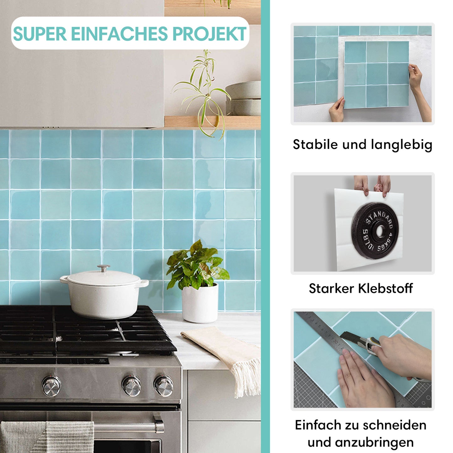 Selbstklebende Wandfliesen in Blaugrün – Quadratisch und Extra Dick