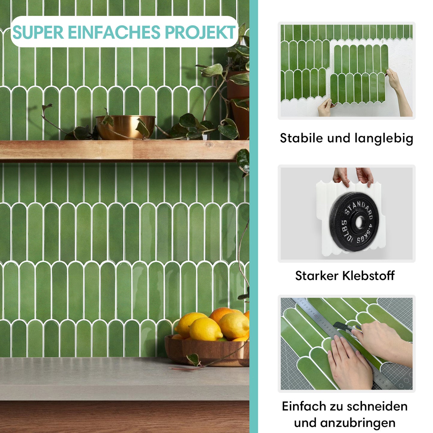 Selbstklebende Wandfliesen in Grün – Fischschuppenmuster und Extra Dick