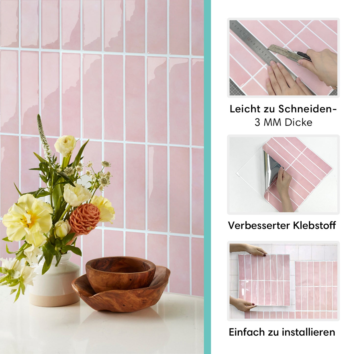 Selbstklebende Wandfliesen in Pink – Lineares Design für Küchenrückwände