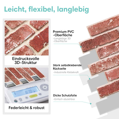 Selbstklebende 3D Wandpaneele Antike Rote Ziegeloptik
