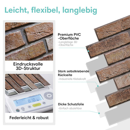 Selbstklebende 3D Wandpaneele Dunkelbraune Backsteinoptik