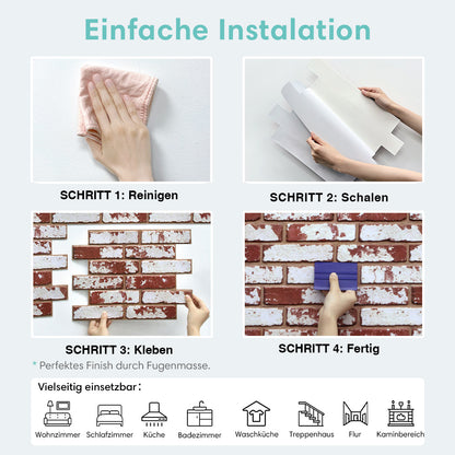 Selbstklebende 3D Wandpaneele Klassisch Rot Whitewashed in Ziegeloptik