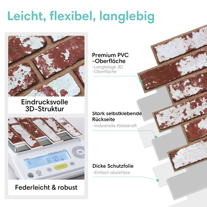 Selbstklebende 3D Wandpaneele Klassisch Rot Whitewashed in Ziegeloptik