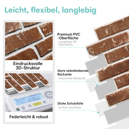Selbstklebende 3D Wandpaneele Rotbraune Ziegeloptik