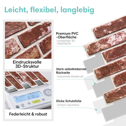 Selbstklebende 3D Wandpaneele Vintage Rot in Ziegeloptik