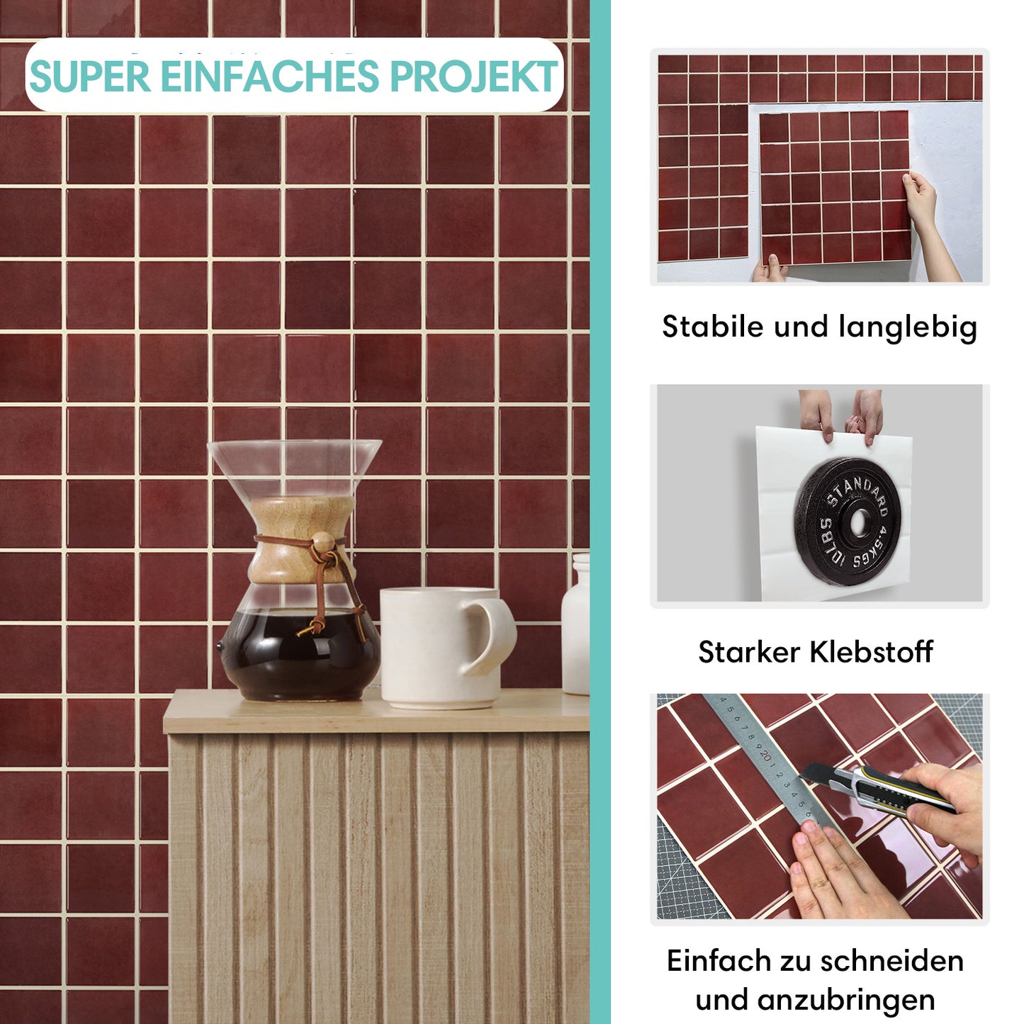 Selbstklebende Wandfliesen Quadratisch Rot – Extra Dickes Design