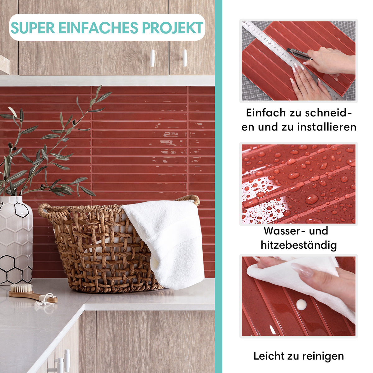 Selbstklebende Wandfliesen Rot Stabmosaik