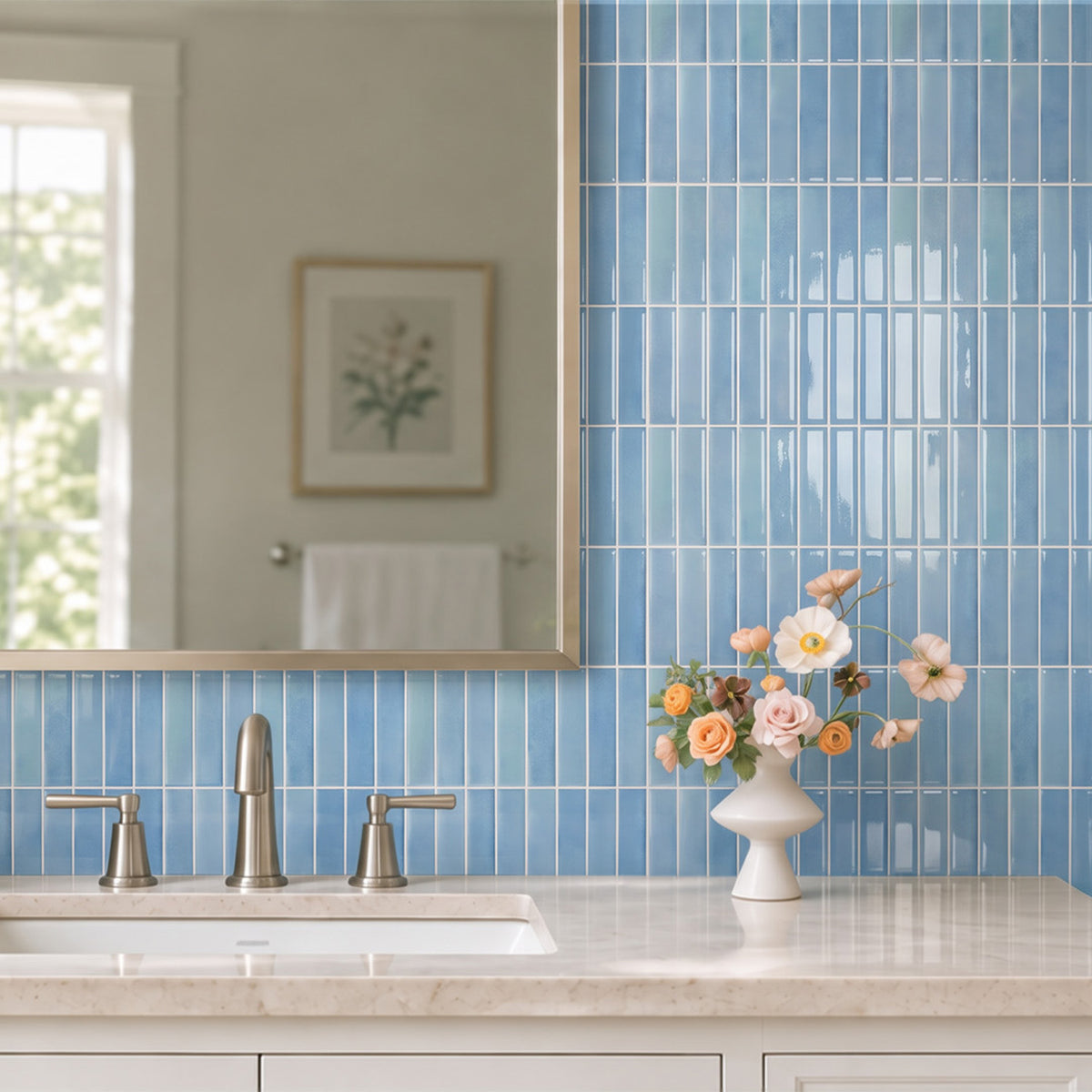 Selbstklebende Wandfliesen in Aqua Blau – Lineares Design für Küchenrückwände