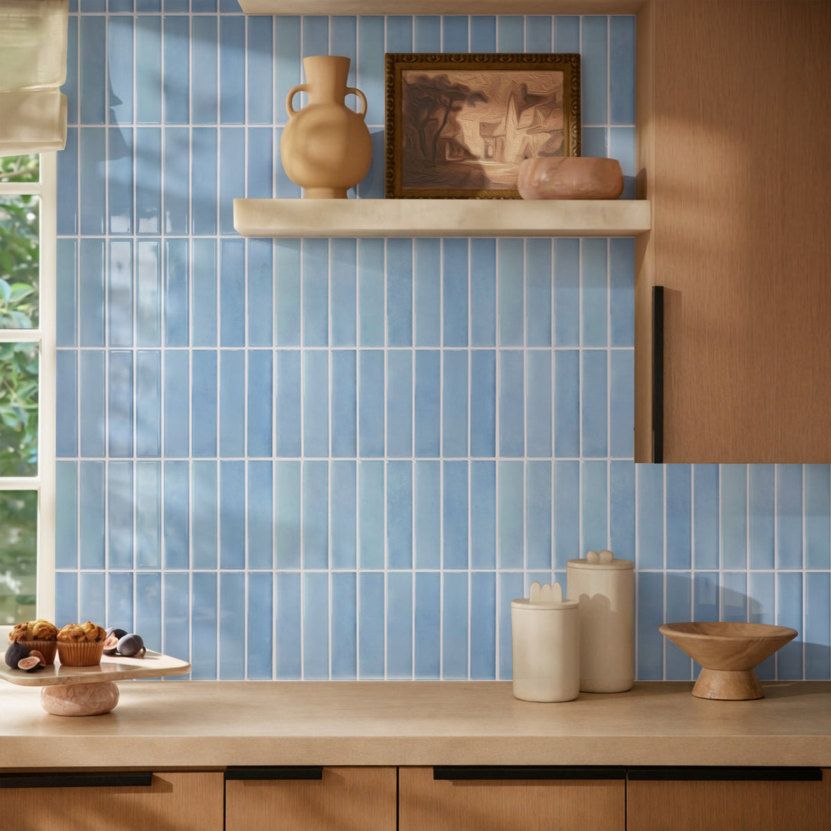 Selbstklebende Wandfliesen in Aqua Blau – Lineares Design für Küchenrückwände