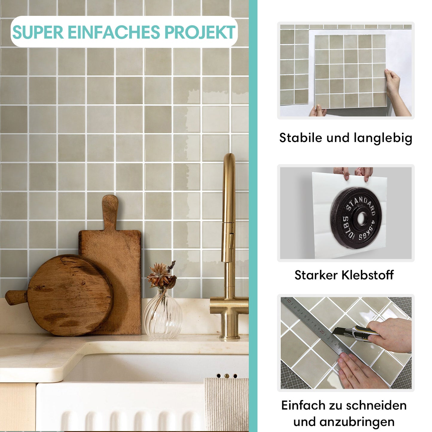 Wandfliesen Selbstklebend Quadratisch Greige – Extra Dickes Design